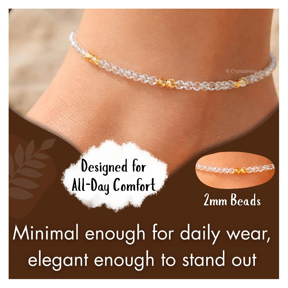 Golden Rutilated Quartz Anklet - 2mm Faceted Beads (Silver)