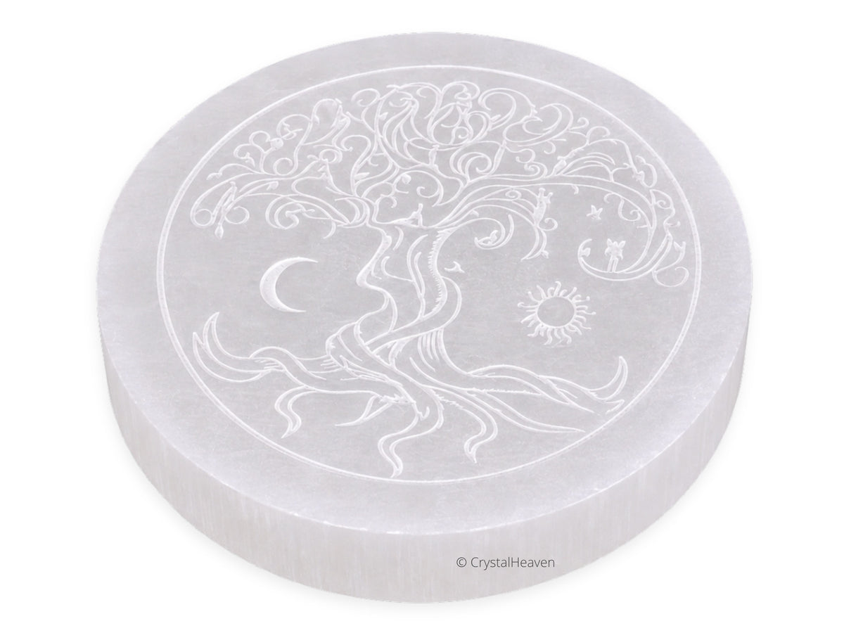 Selenite Charging Plate with Tree of Life (4 Inch)