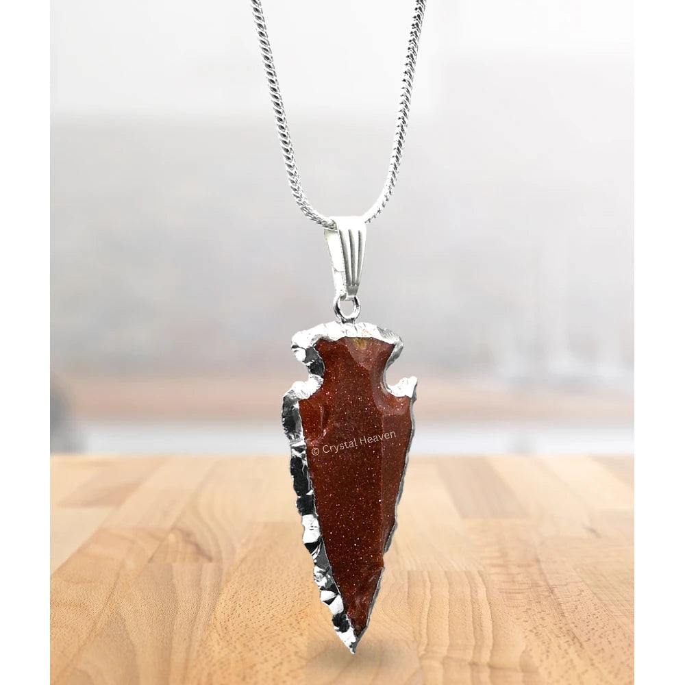 Red Goldstone Arrow Head Pendant - Silver Plated