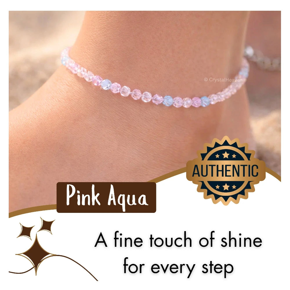 Pink Aqua Anklet - 2mm Faceted Beads (Silver)