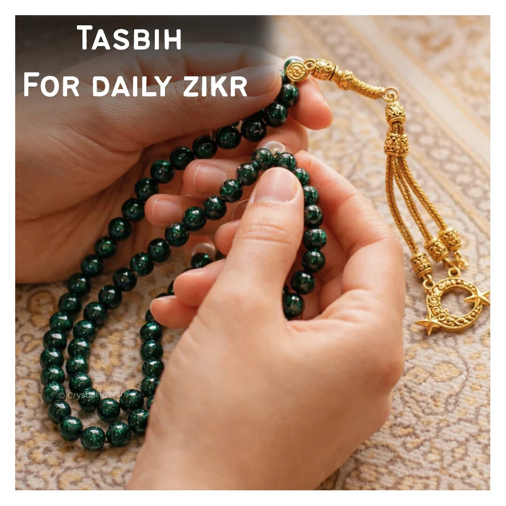 Green Goldstone Crystal Tasbih (Gold)