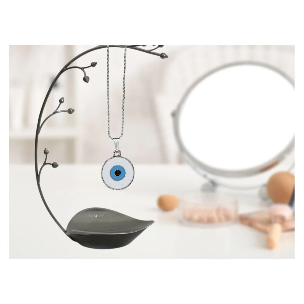 White Evil Eye Pendant Necklace - Round (Silver)