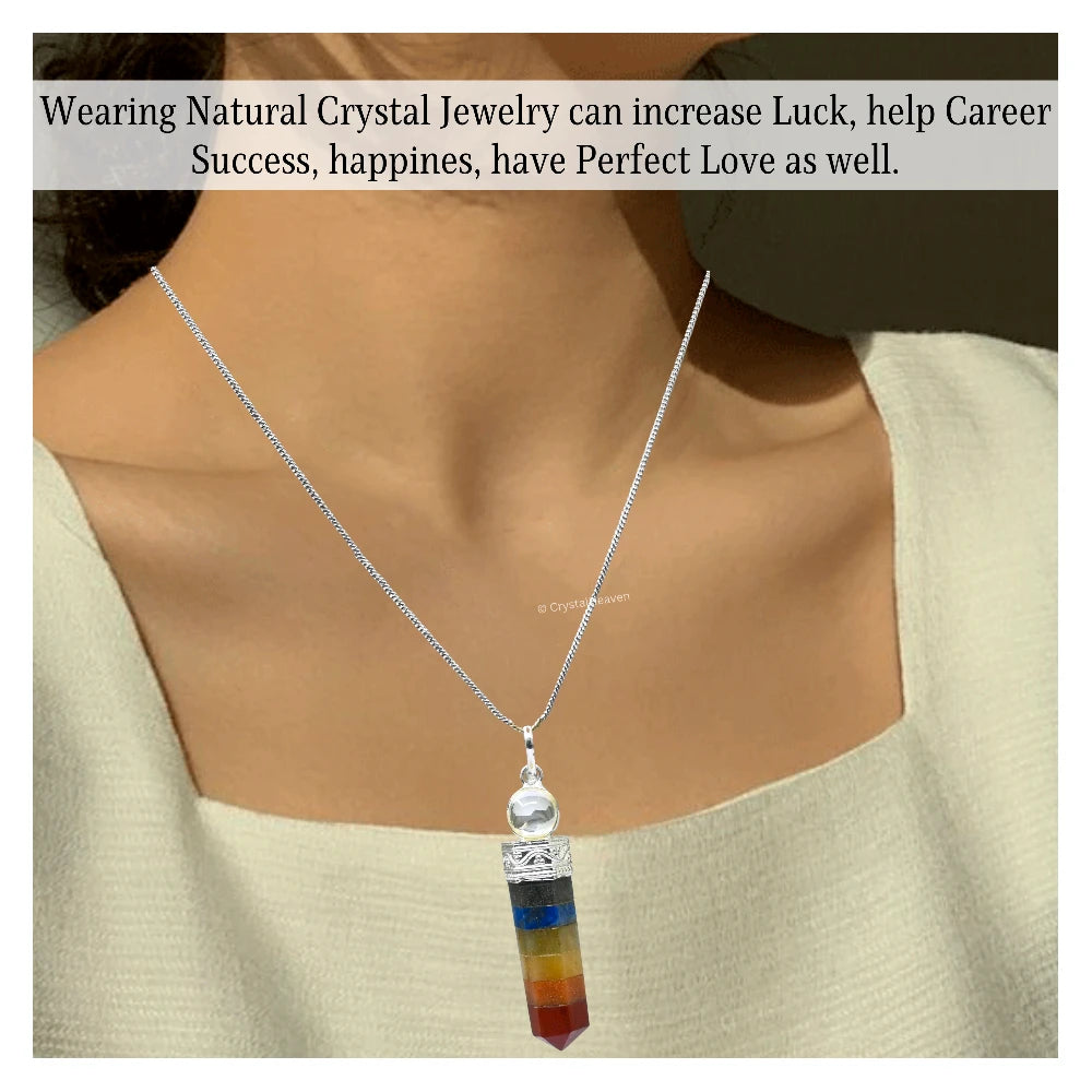7 Chakra with quartz Necklace - Pencil Point (Silver)
