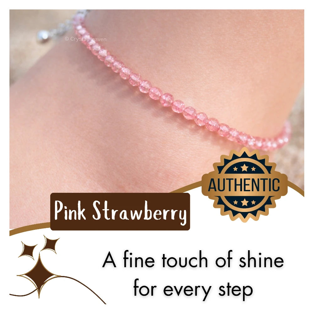 Pink Strawberry Anklet - 2mm Faceted Beads (Silver)