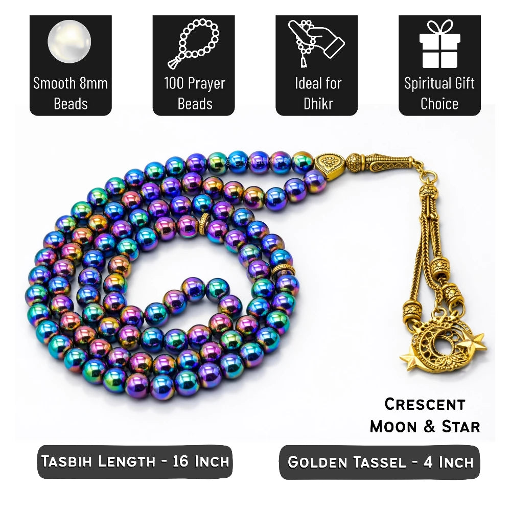 Rainbow Hematite Crystal Tasbih (Gold)