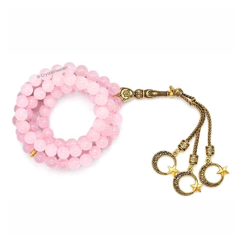 Rose Quartz Crystal Tasbih (Gold)