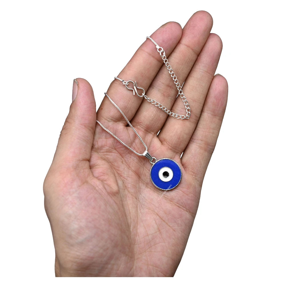Blue Evil Eye Pendant Necklace - Round (Silver)