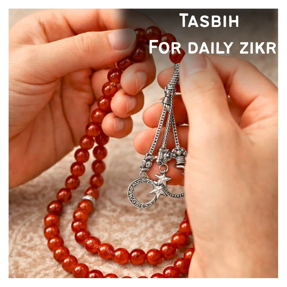Red Onyx Crystal Tasbih (Silver)