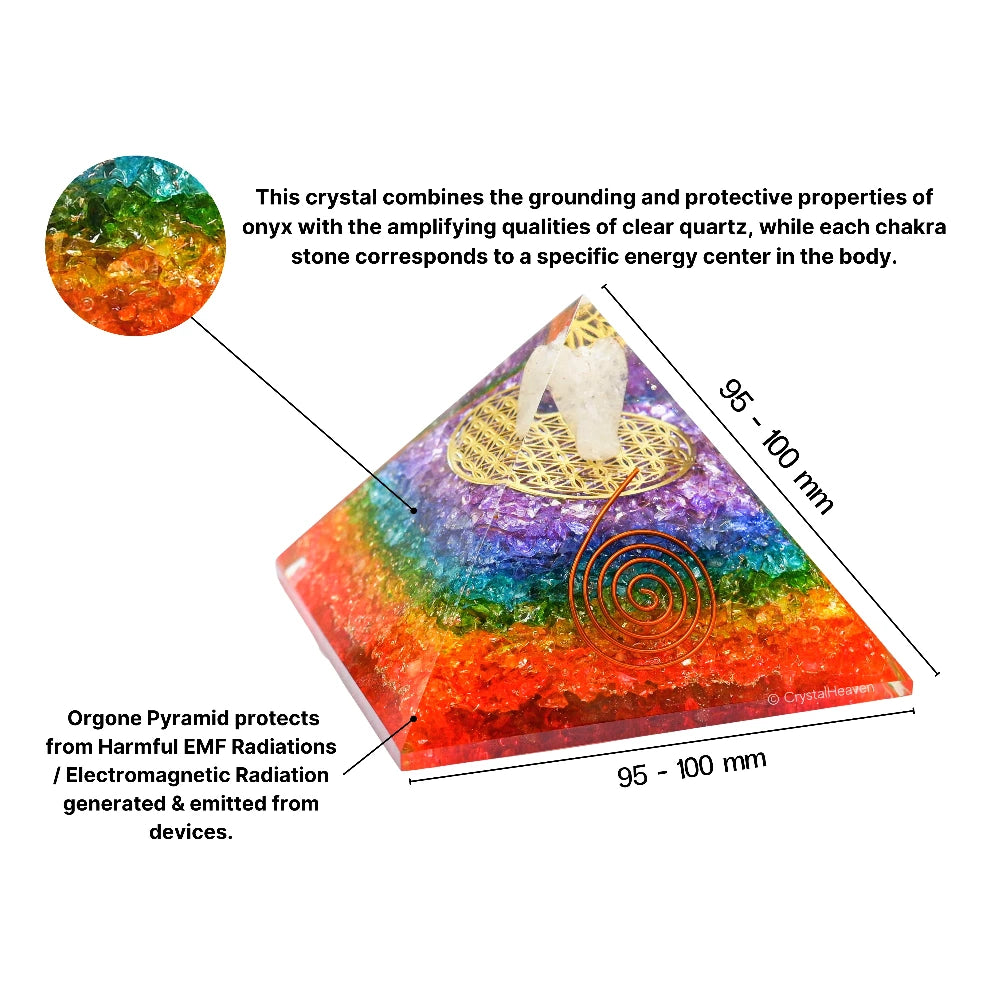 7 Chakra Onyx Crystal Orgone Pyramid with Angel Flower of Life - 100mm