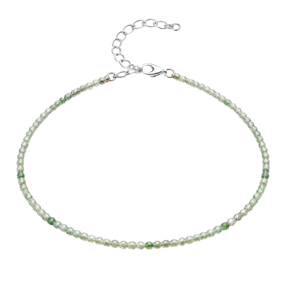 Green Amethyst Anklet - 2mm Faceted Beads (Silver)