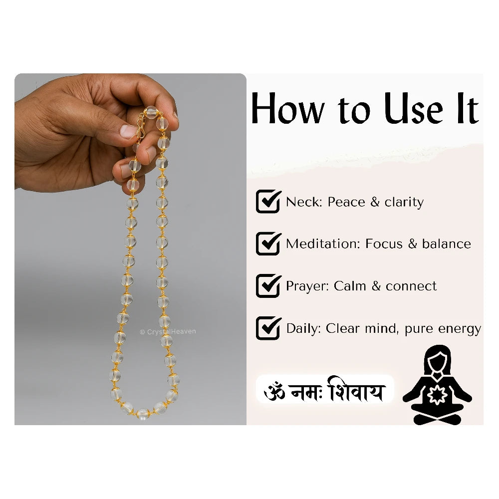Crystal Quartz Sphatik Mala Necklace (Gold Chain)