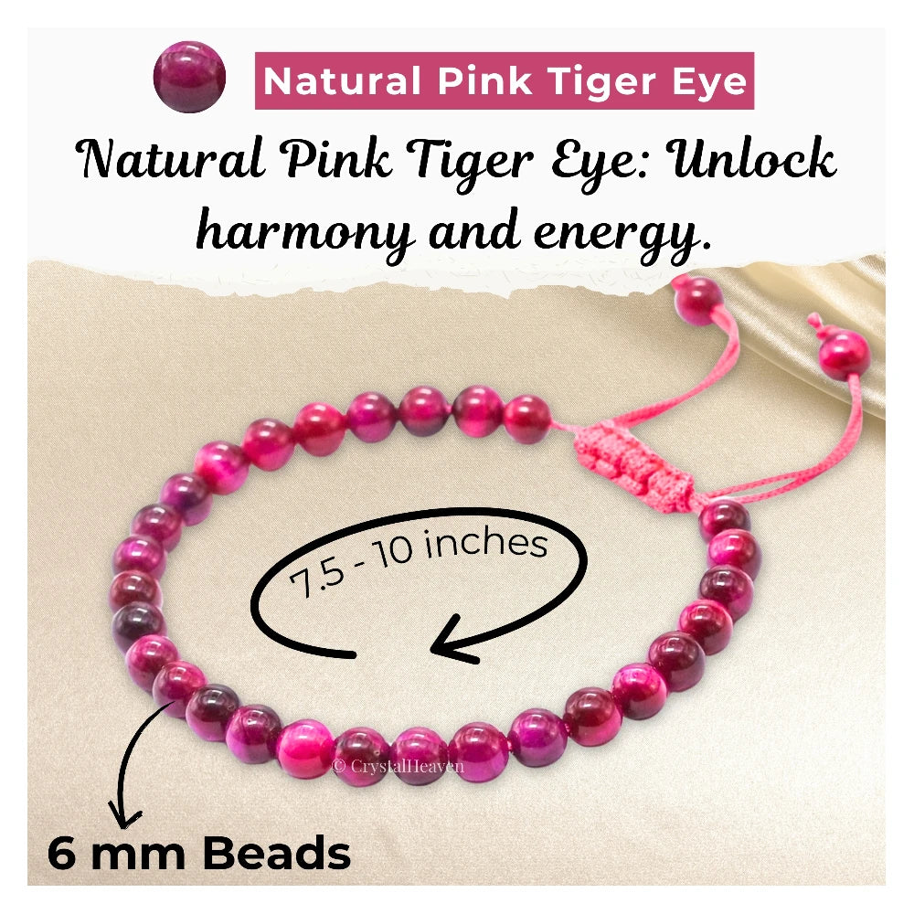 Pink Tiger Eye Healing Crystal Bracelets - 6mm Beads (Adjustable)
