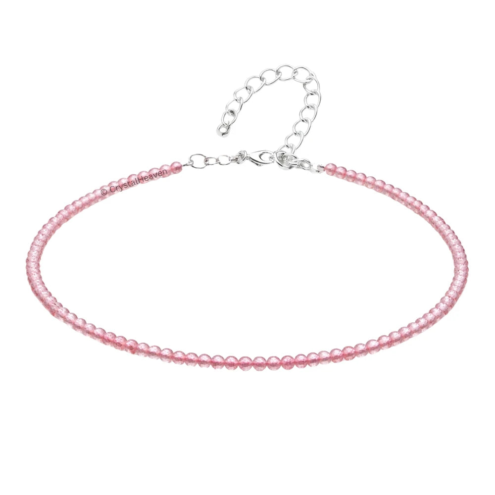 Pink Strawberry Anklet - 2mm Faceted Beads (Silver)
