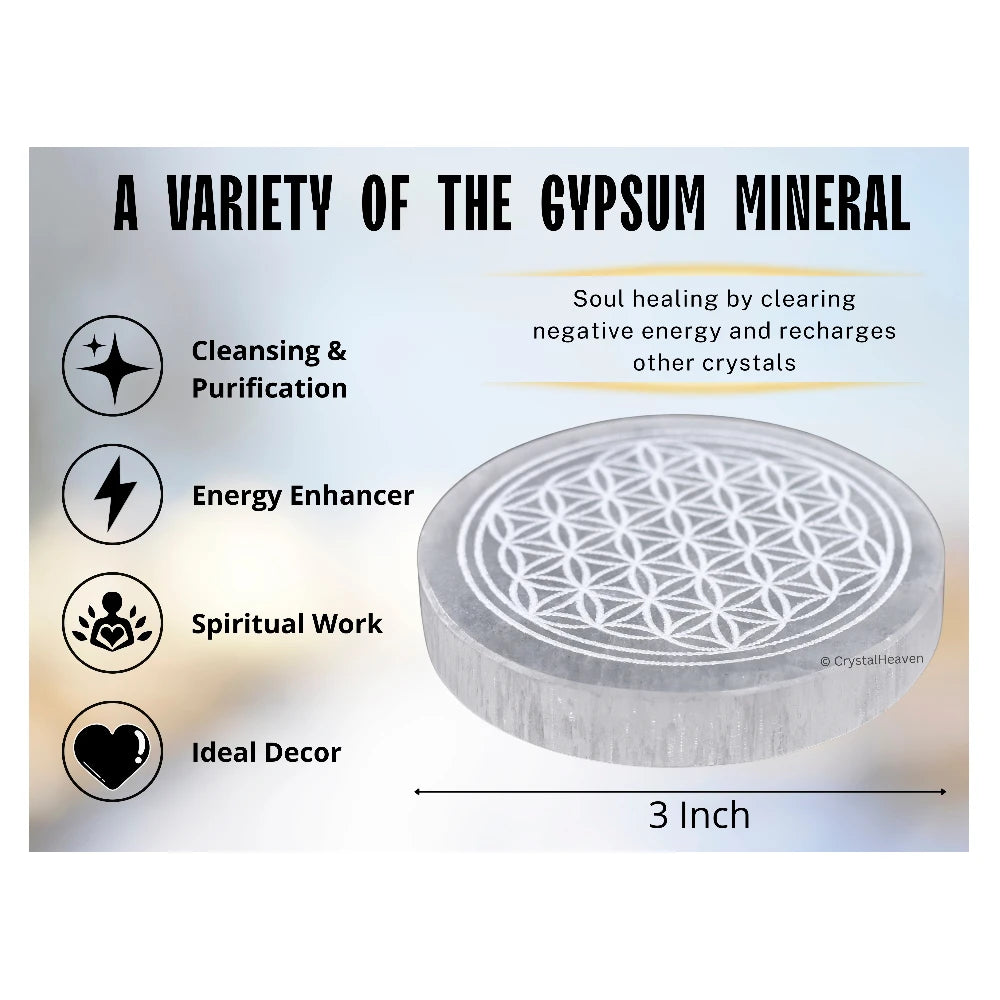 Selenite Charging Plate with Flower of Life (3 Inch)