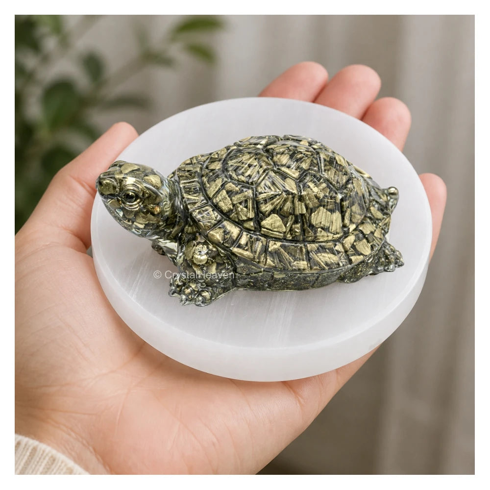 Natural Pyrite Tortoise Kachhua with Selenite Plate