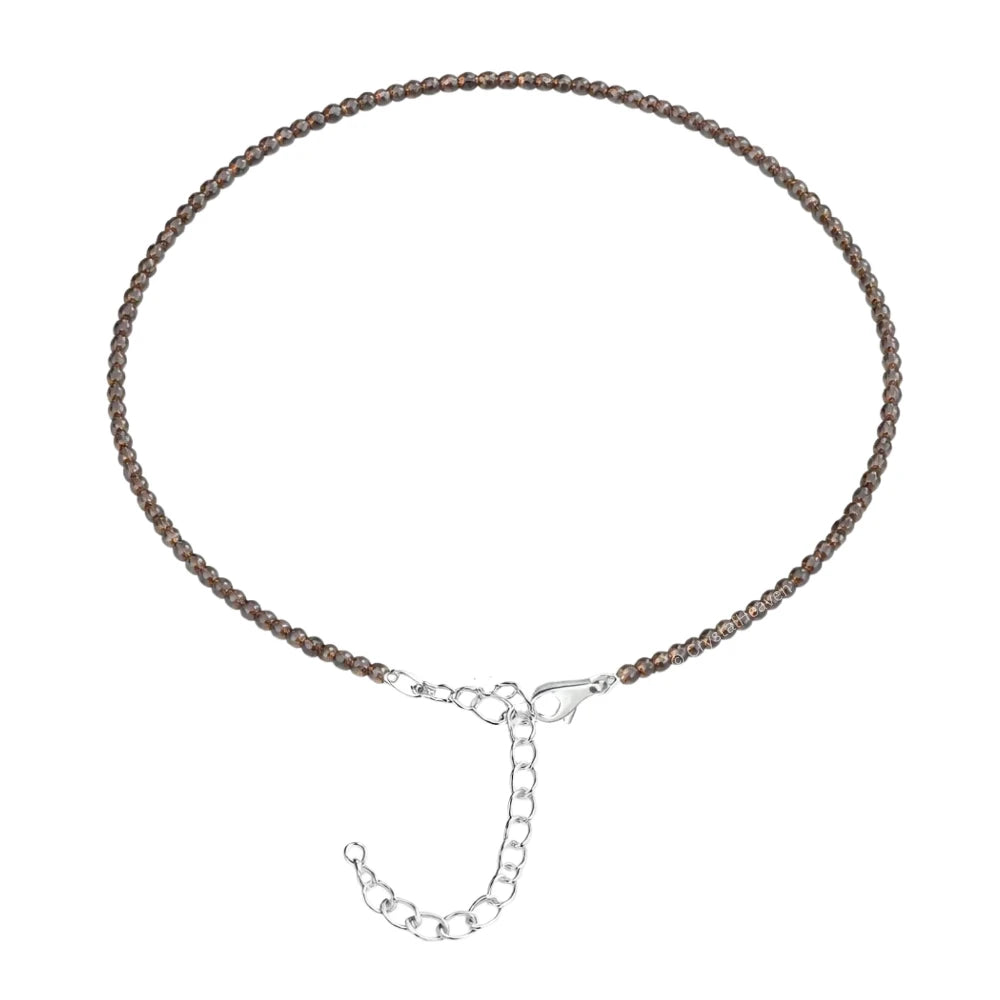 Smoky Quartz Anklet - 2mm Faceted Beads (Silver)