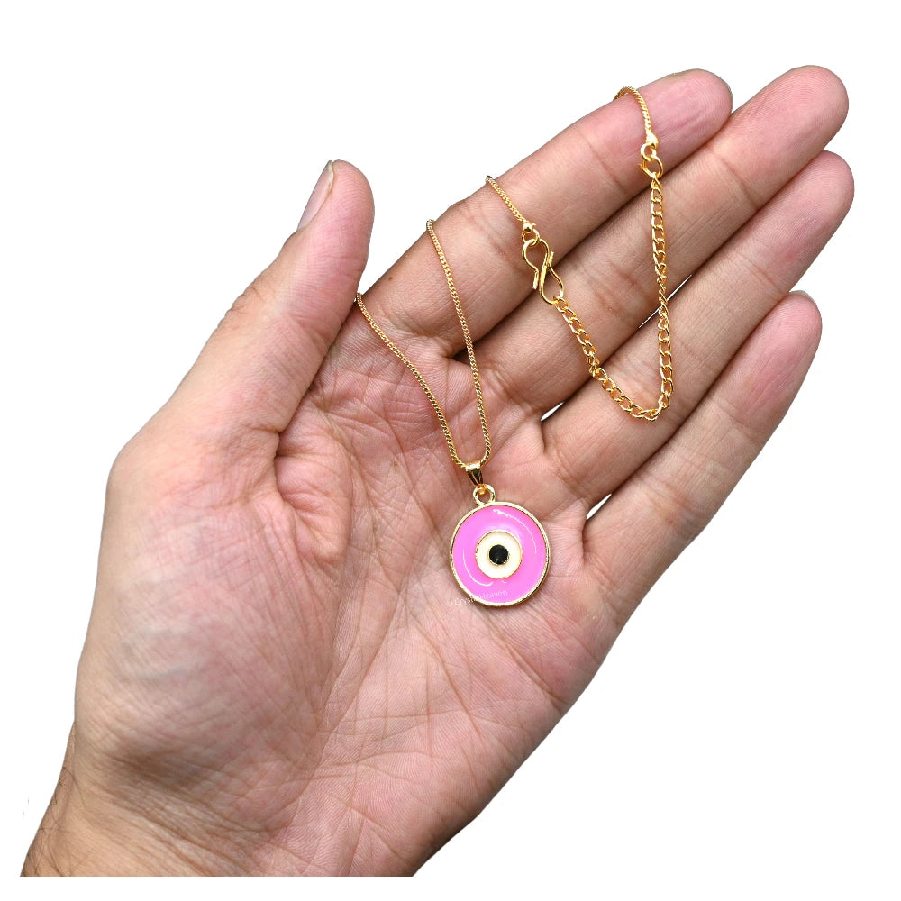 Pink Evil Eye Pendant Necklace - Round (Gold)