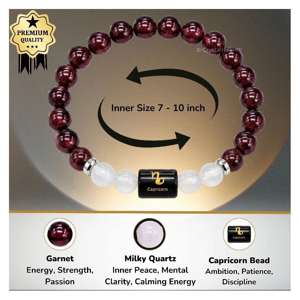 Capricorn Bracelet (मकर राशि) - Garnet & Milky Quartz