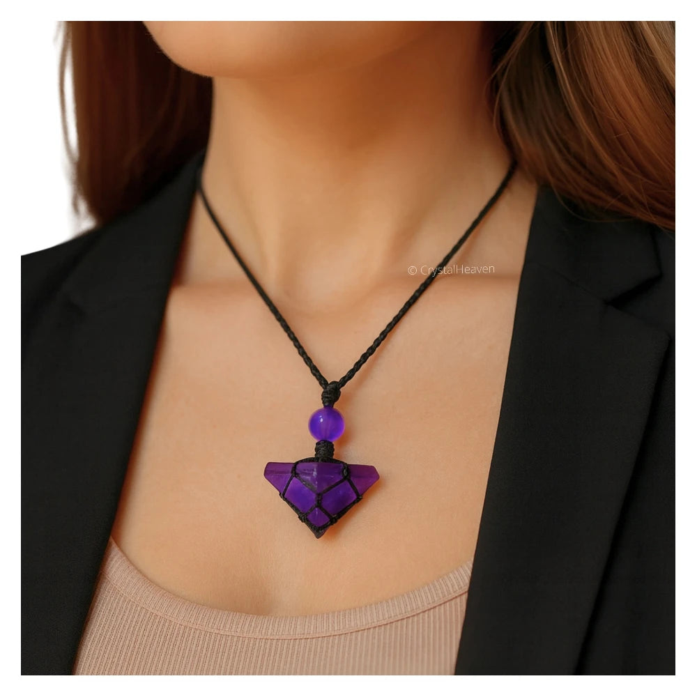 Amethyst Pyramid Macrame Pendant Necklace