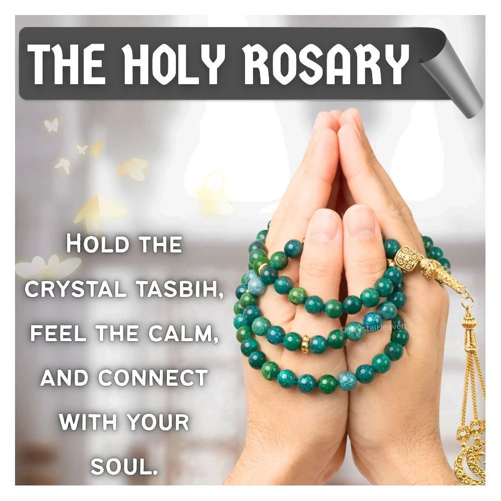 Moss Agate Crystal Tasbih (Gold)