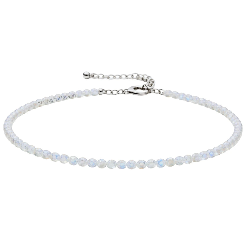 Rainbow Moonstone Anklet - 2mm Faceted Beads (Silver)