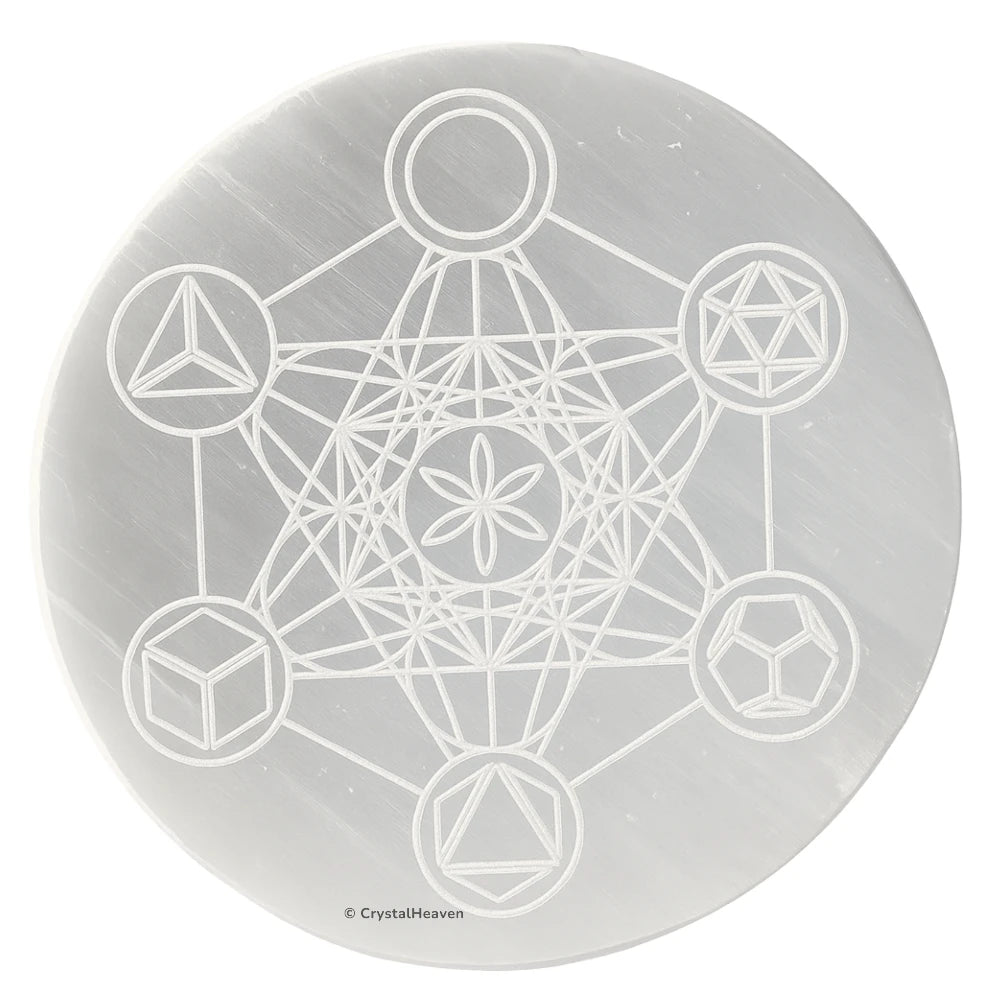 Selenite Charging Plate with Metatron Cube with Platonic Solid (4 Inch)