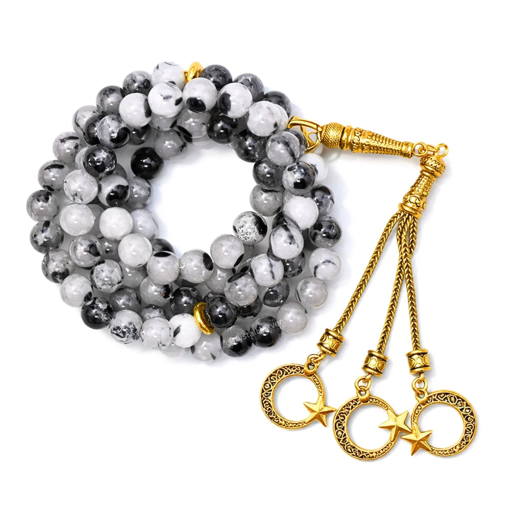 Black Rutilated Quartz Crystal Tasbih (Gold)