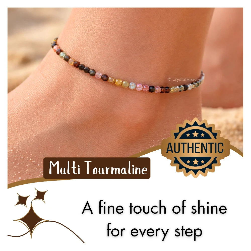 Multi Tourmaline Anklet - 2mm Faceted Beads (Silver)
