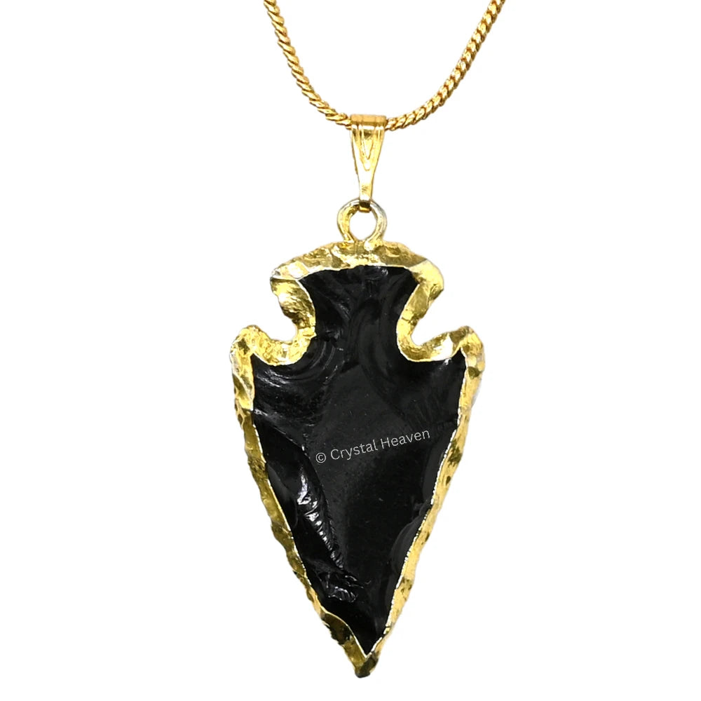 Black Obsidian Arrow Head Pendant - Gold Plated