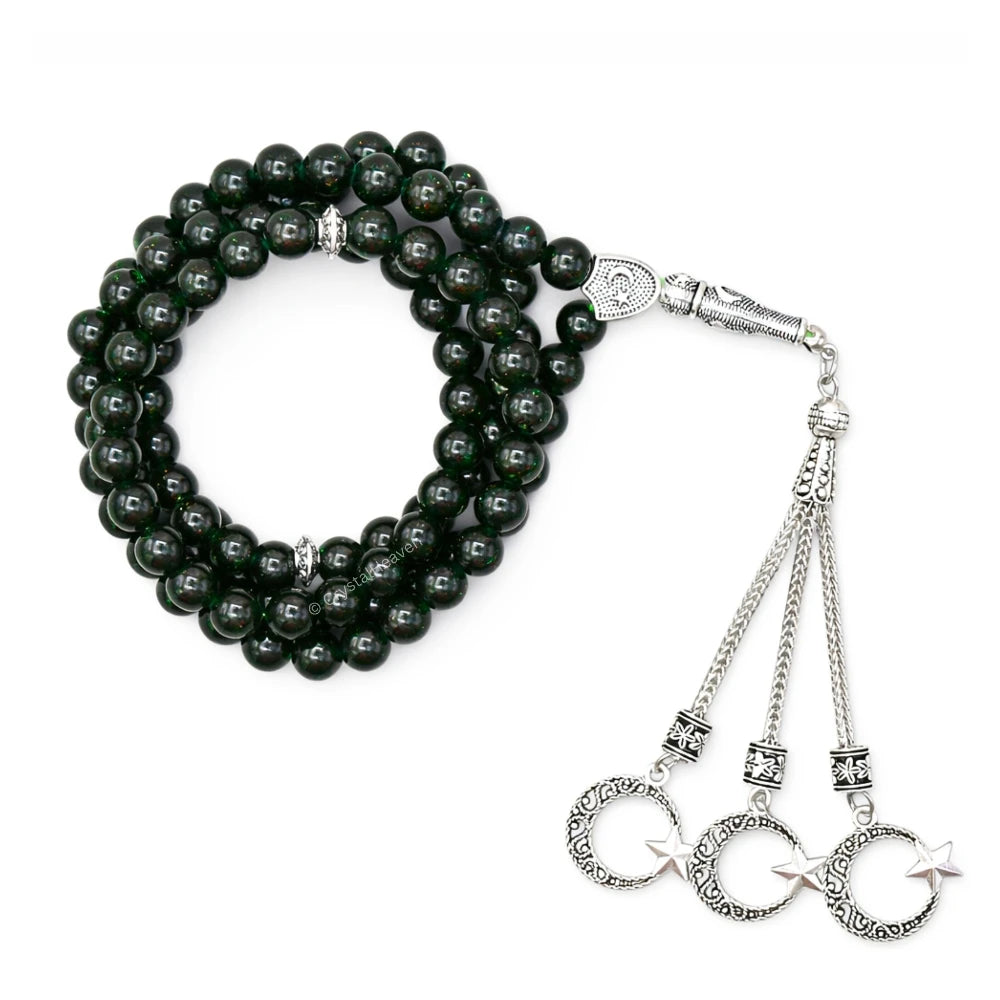 Green Goldstone Crystal Tasbih (Silver)