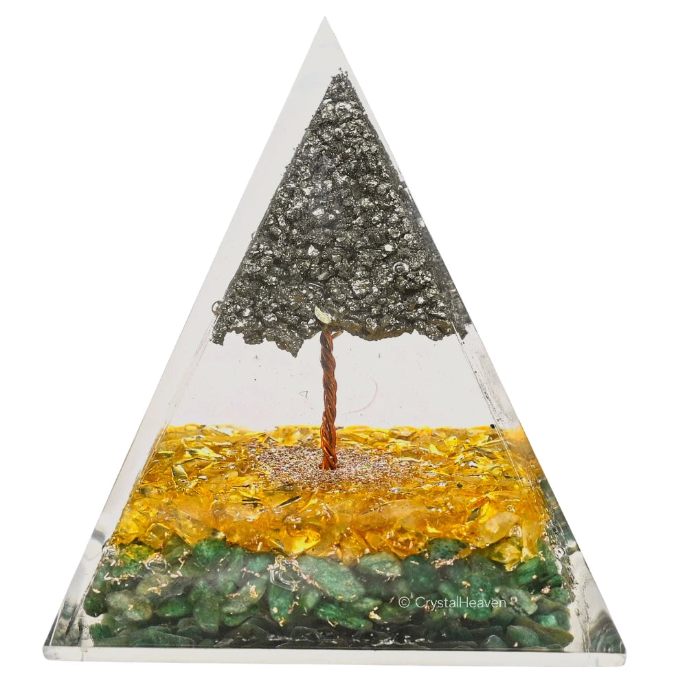 Green Aventurine, Citrine Crystal Orgone Pyramid with Pyrite Tree - 105 mm