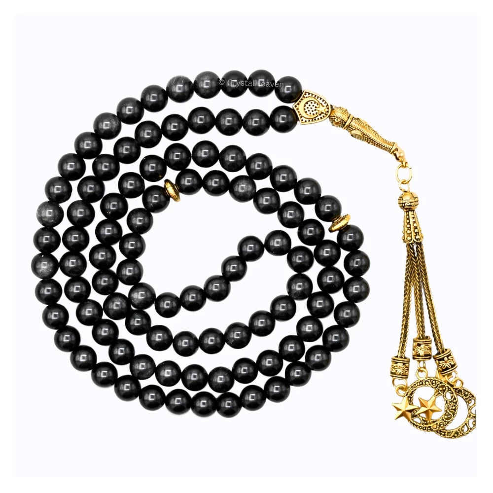 Silver Sheen Obsidian Crystal Tasbih (Gold)