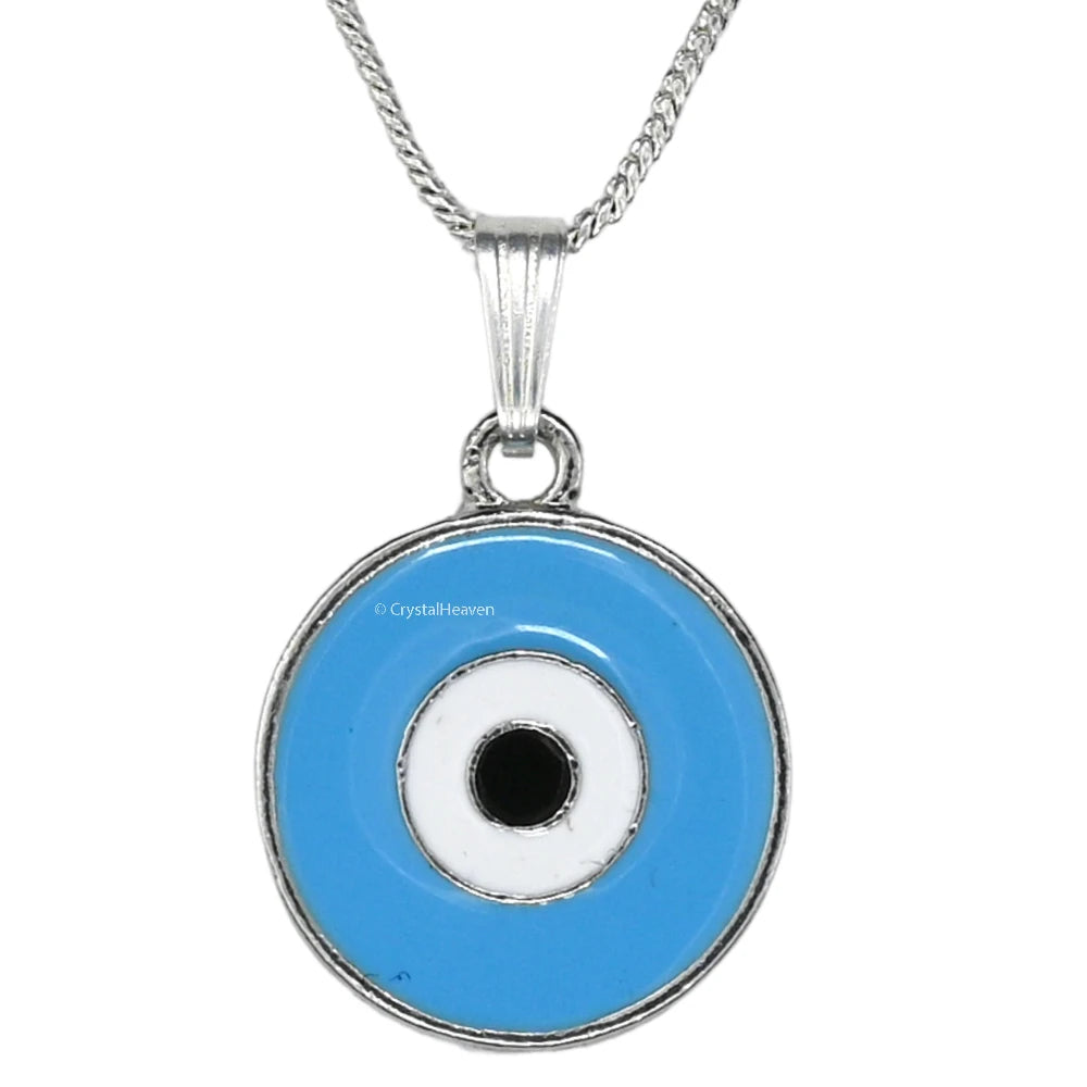 Sky Blue Evil Eye Pendant Necklace - Round (Silver)