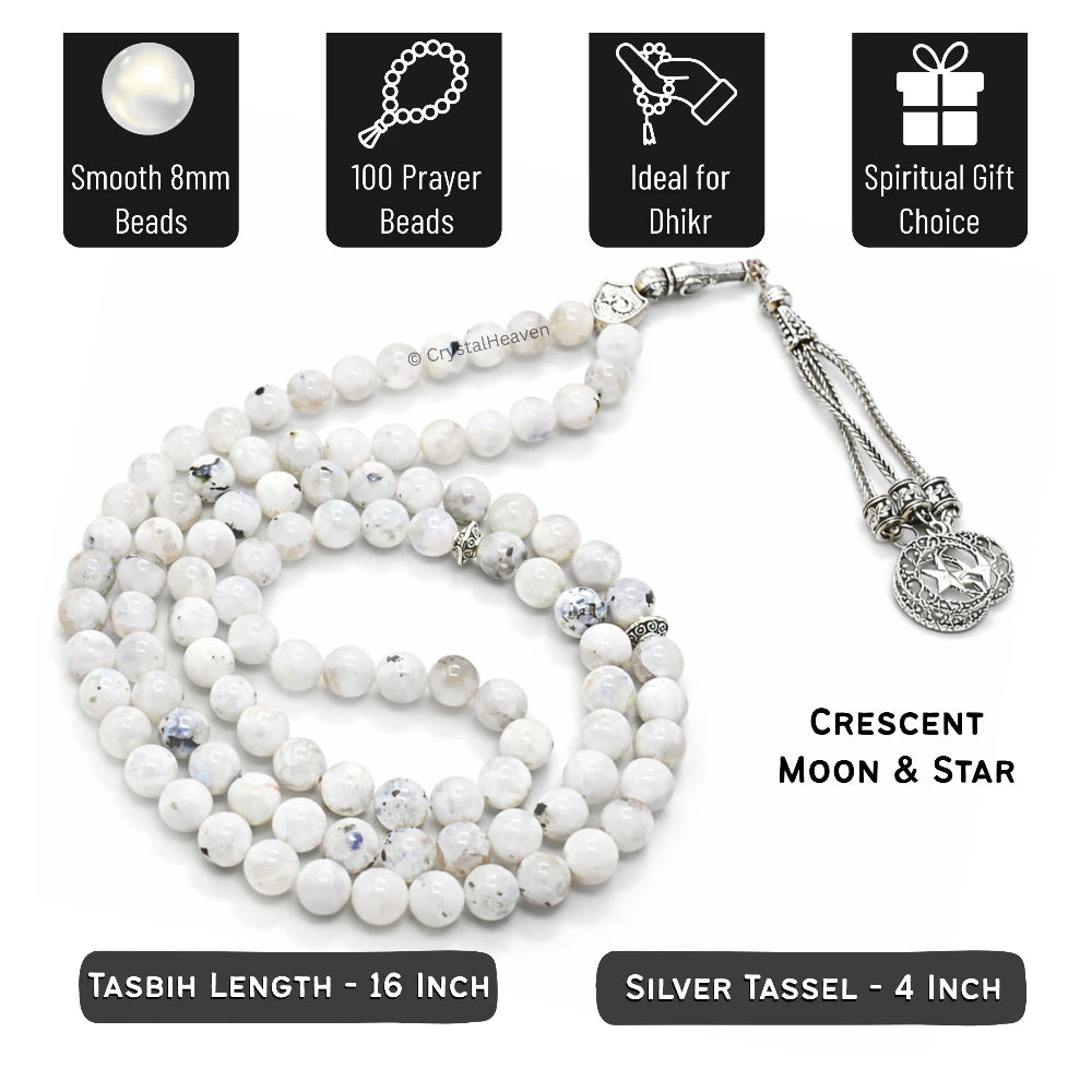 Rainbow Moonstone Crystal Tasbih (Silver)