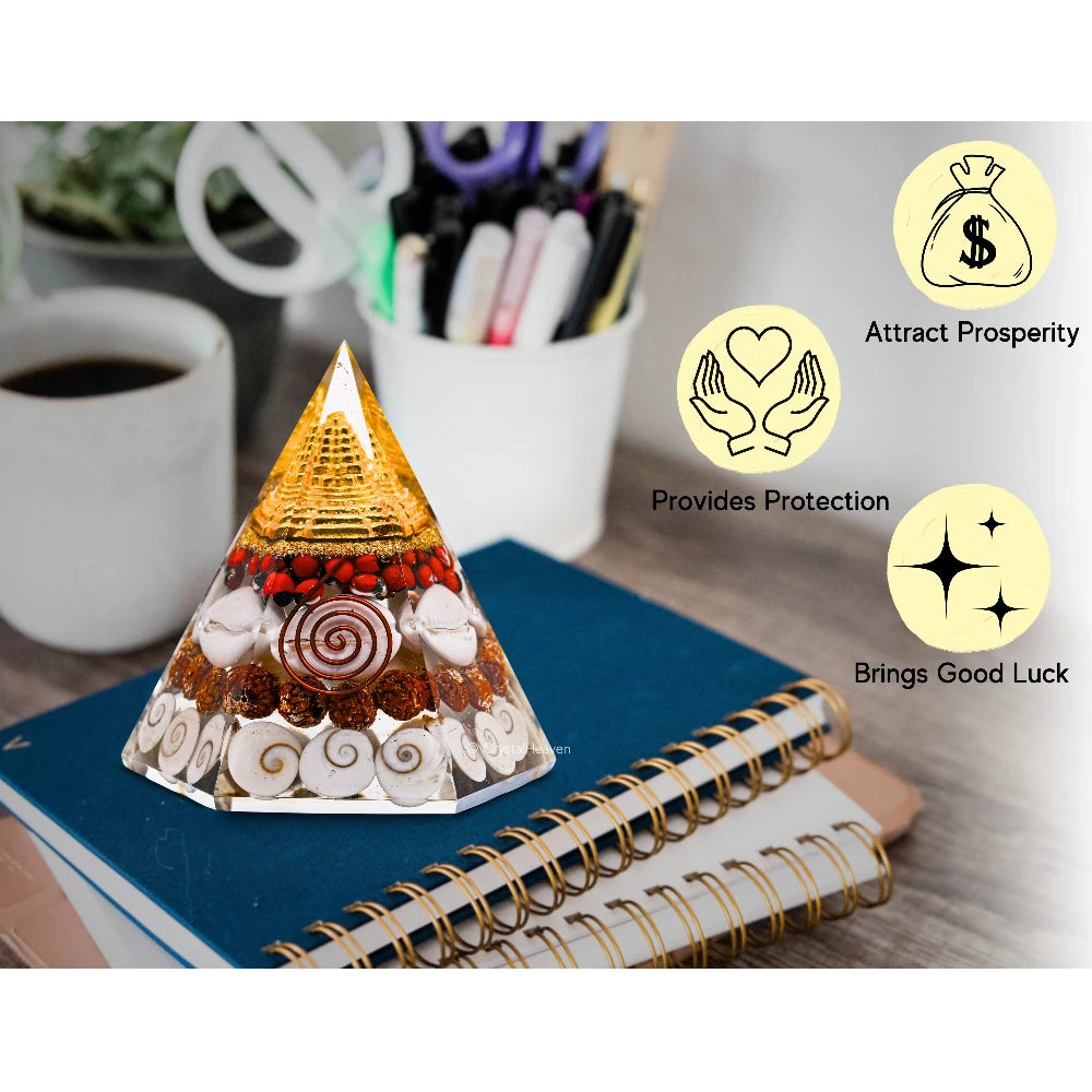 Shri Yantra Gomati Chakra Rudraksha Pyramid - Hexagonal Wealth Pyramid