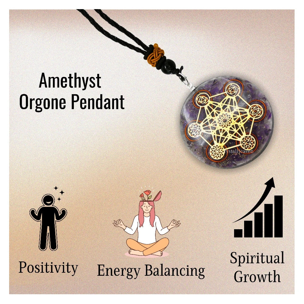 Amethyst Crystal Orgone Pendant - Chakra Metatron Cube