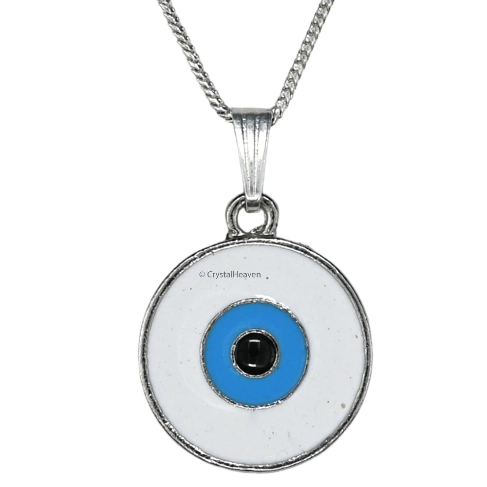 White Evil Eye Pendant Necklace - Round (Silver)