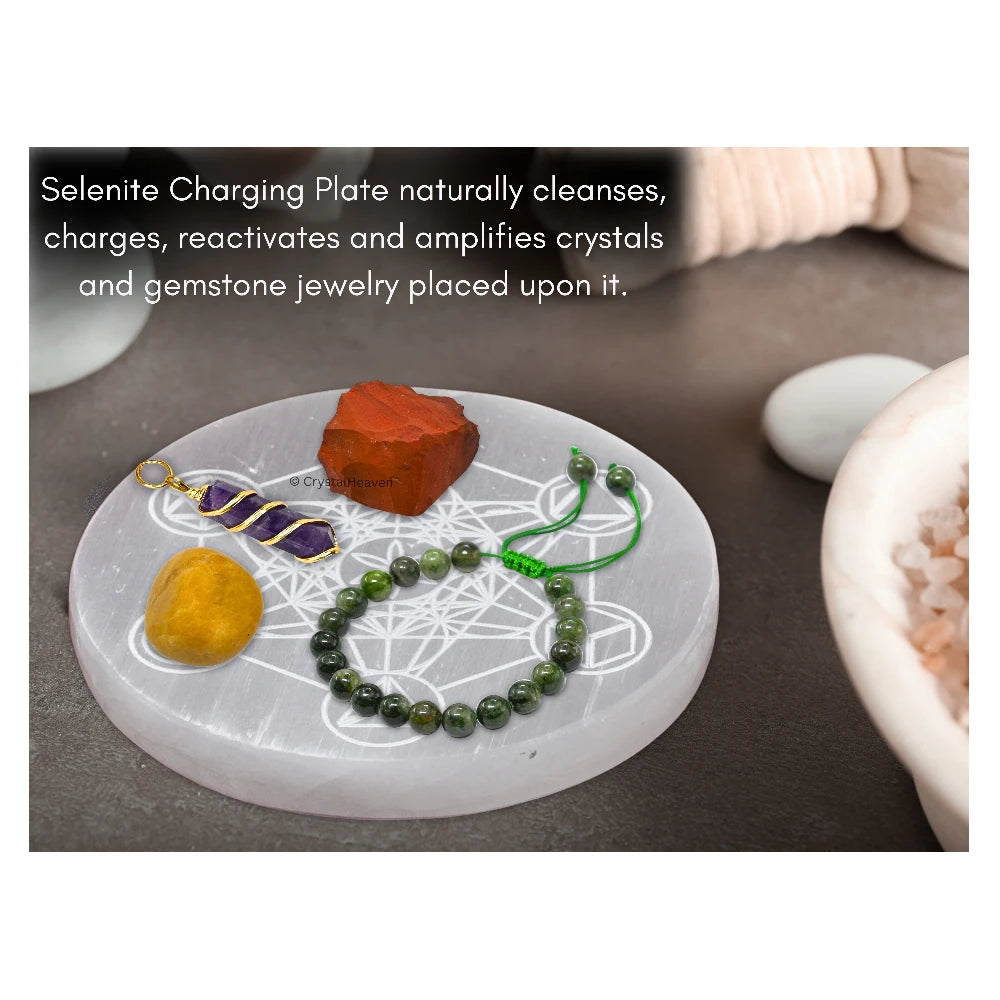Selenite Charging Plate with Metatron Cube with Platonic Solid (4 Inch)