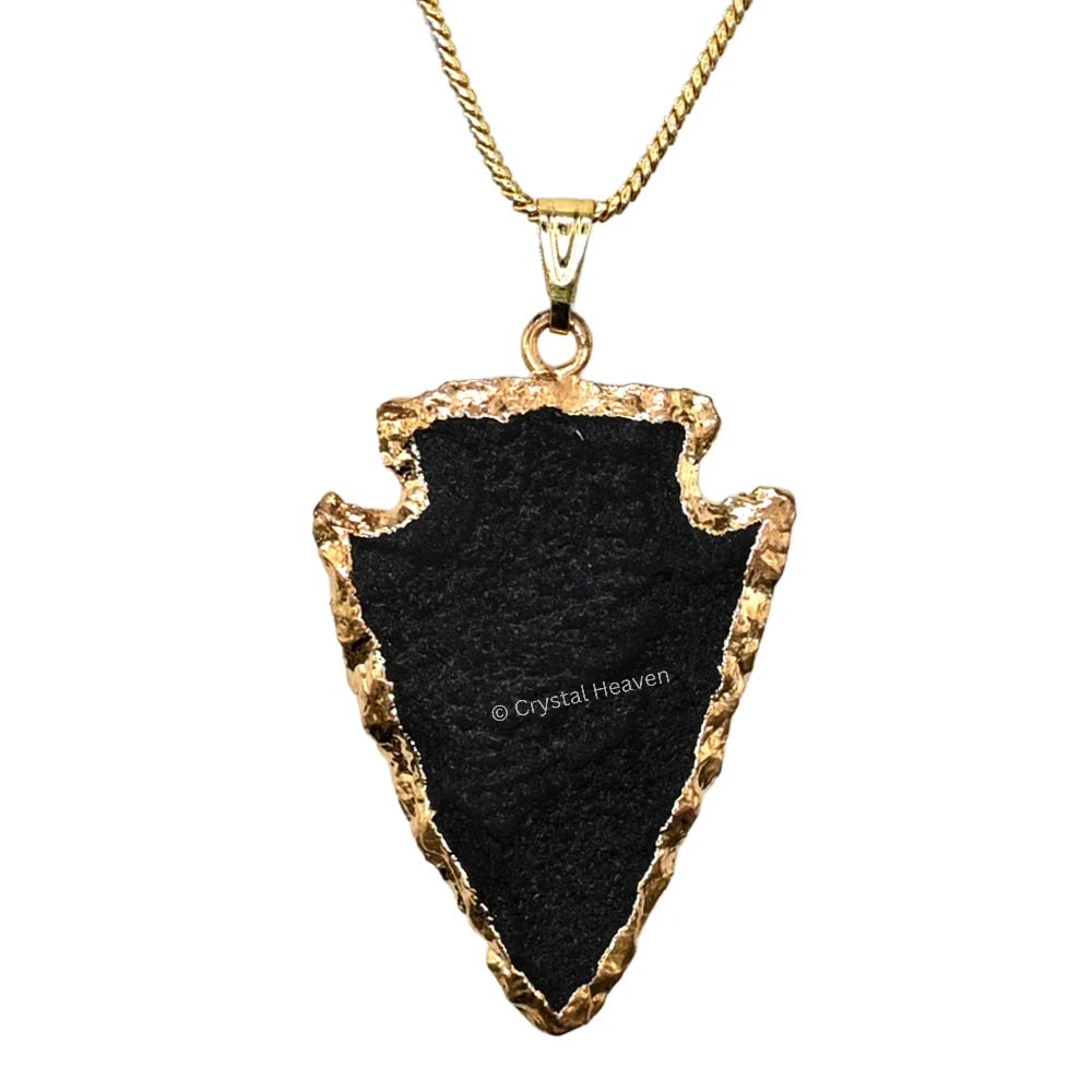Black Agate Arrow Head Pendant - Gold Plated