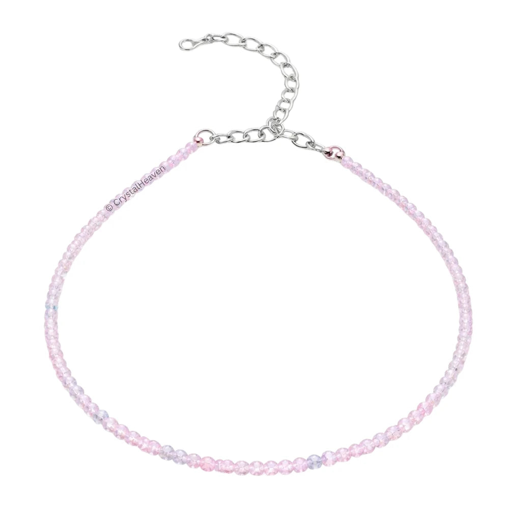 Pink Aqua Anklet - 2mm Faceted Beads (Silver)