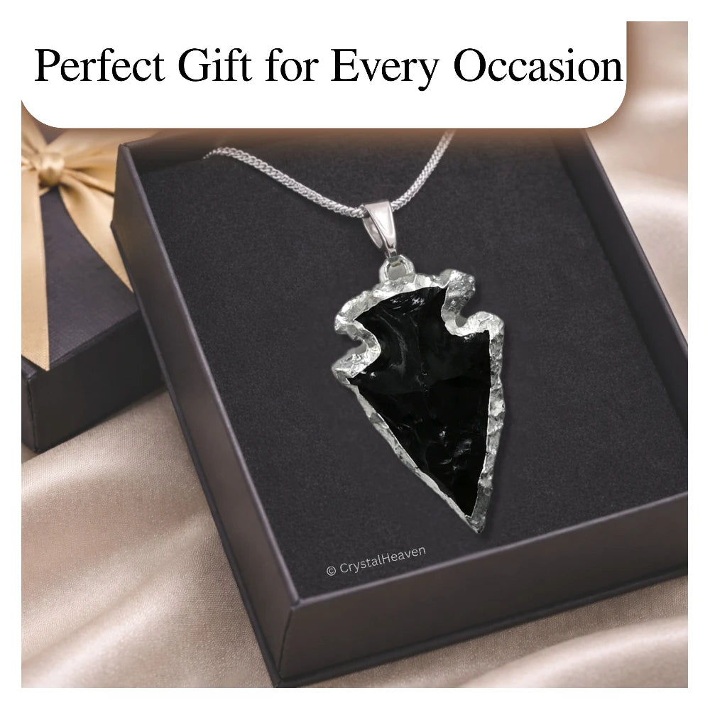 Black Obsidian Arrow Head Pendant - Silver Plated