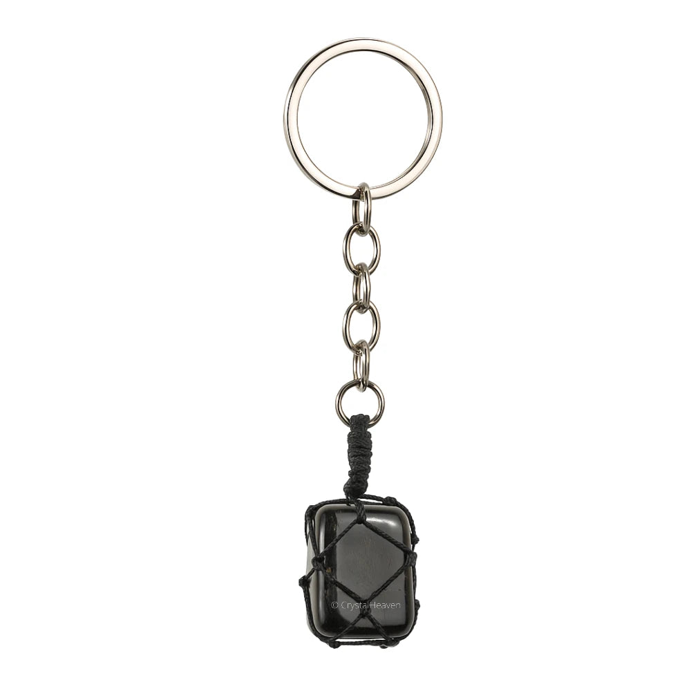 Black Tourmaline Crystal Keychain (Macrame Tumbled)