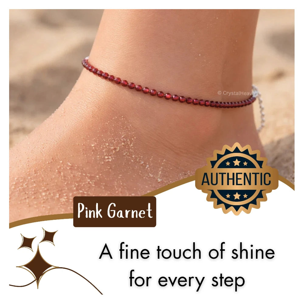 Pink Garnet Anklet - 2mm Faceted Beads (Silver)