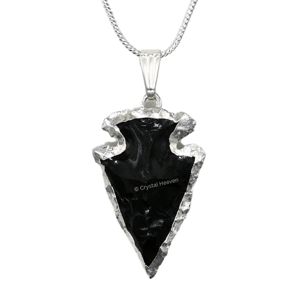 Black Obsidian Arrow Head Pendant - Silver Plated
