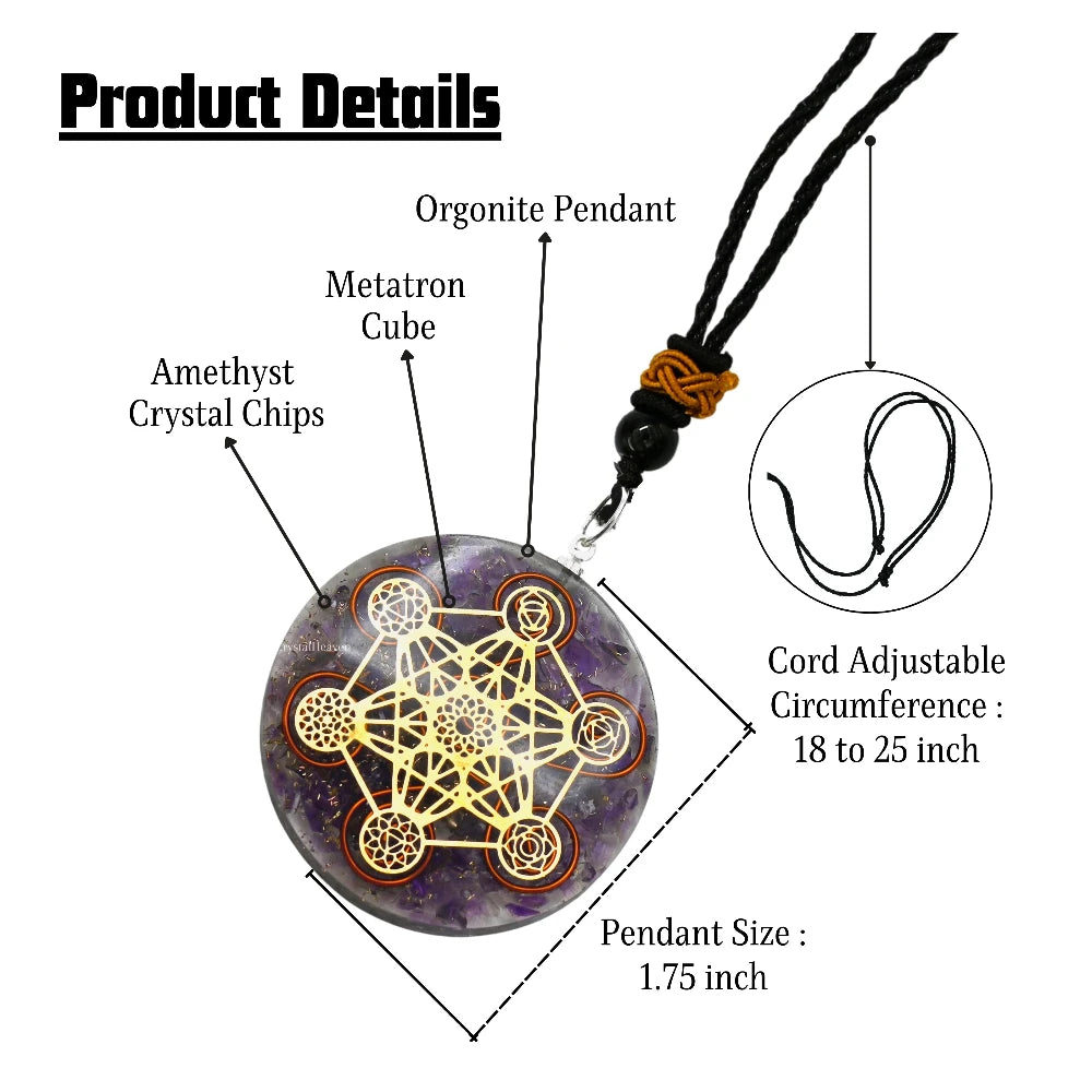 Amethyst Crystal Orgone Pendant - Chakra Metatron Cube