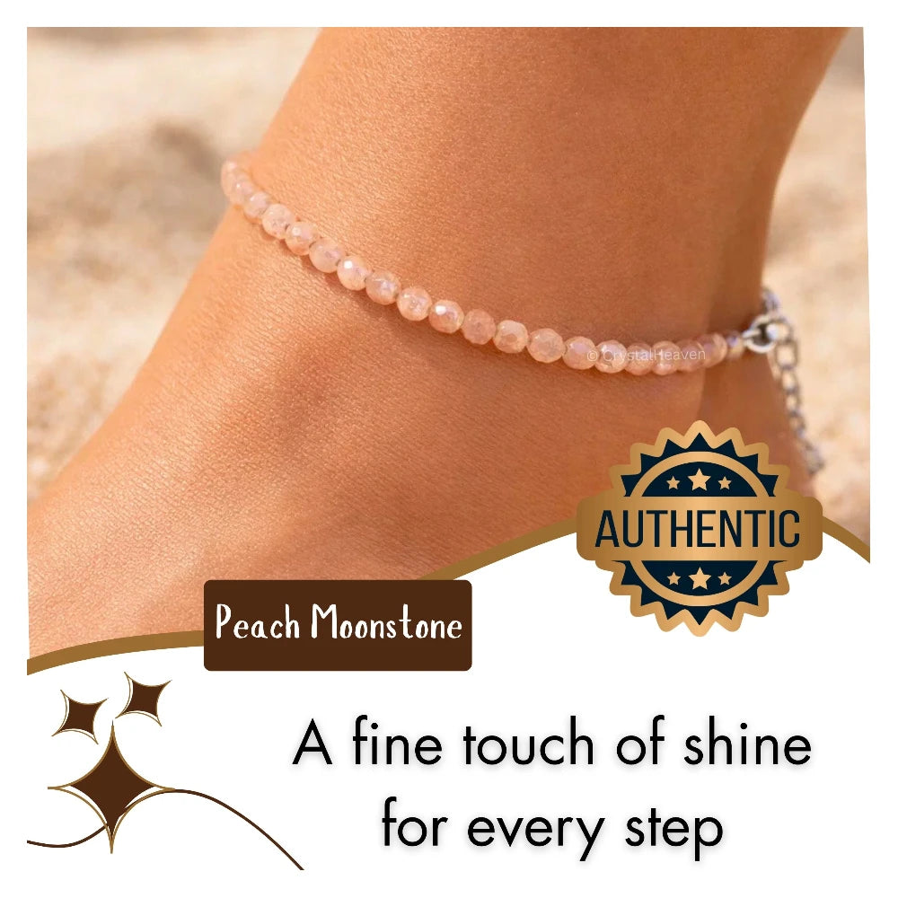 Peach Moonstone Anklet - 2mm Faceted Beads (Silver)