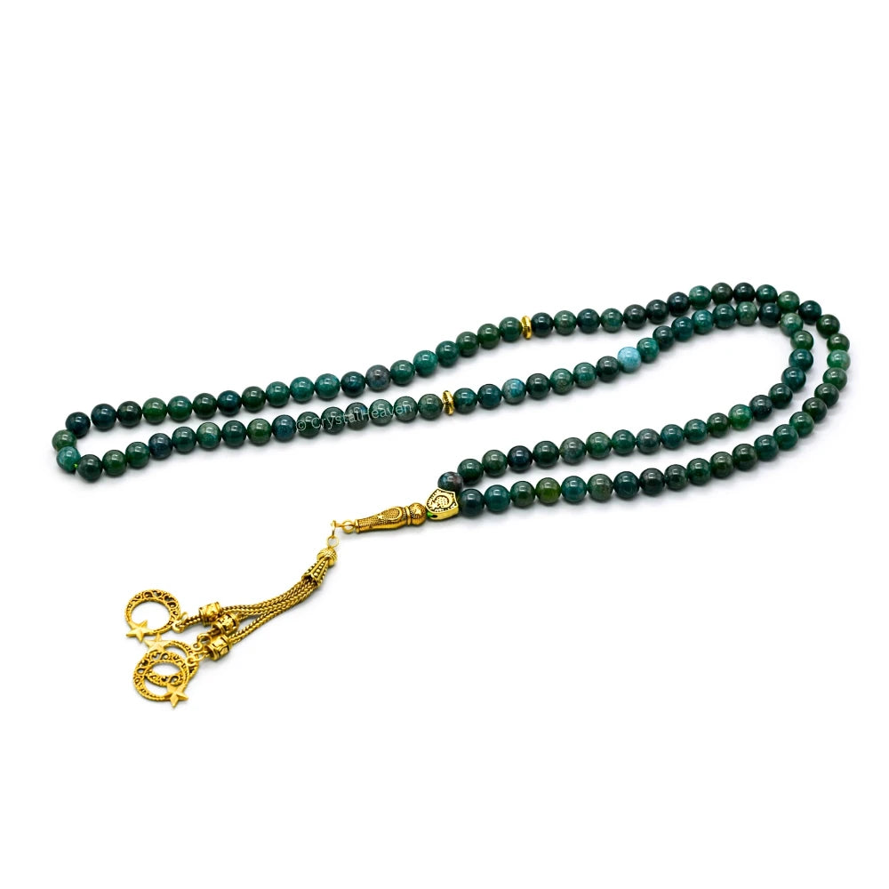 Moss Agate Crystal Tasbih (Gold)
