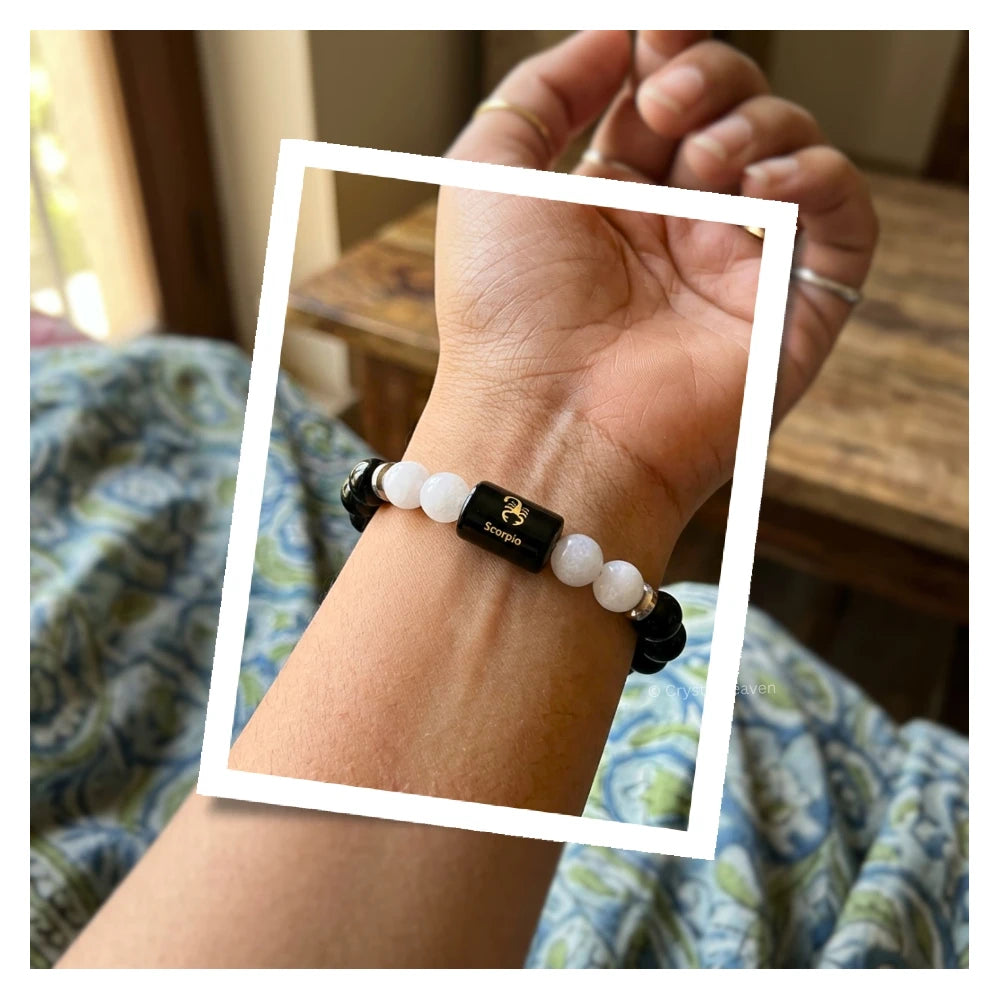 Scorpio Bracelet (वृश्चिक राशि) - Black Obsidian & Milky Quartz