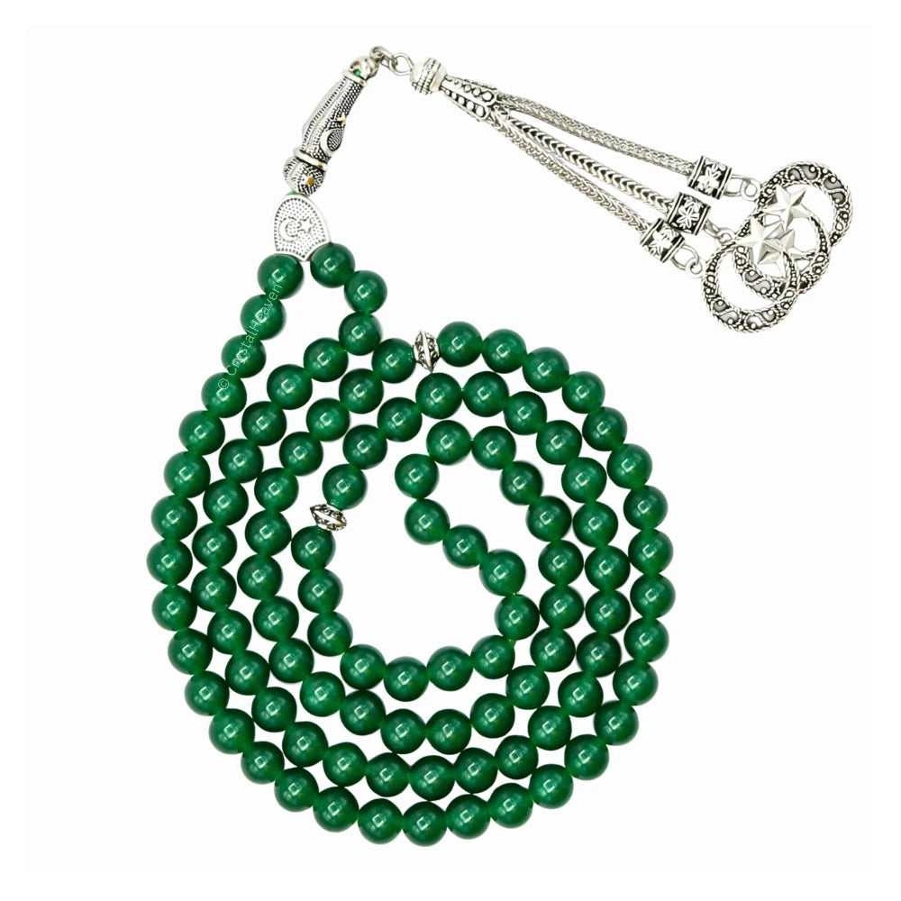Green Jade (Dye) Crystal Tasbih (Silver)