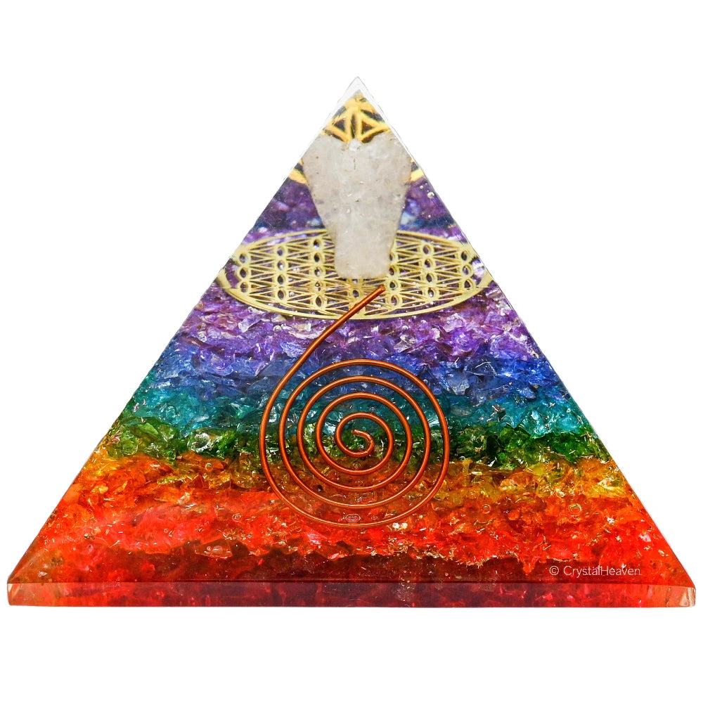 7 Chakra Onyx Crystal Orgone Pyramid with Angel Flower of Life - 100mm
